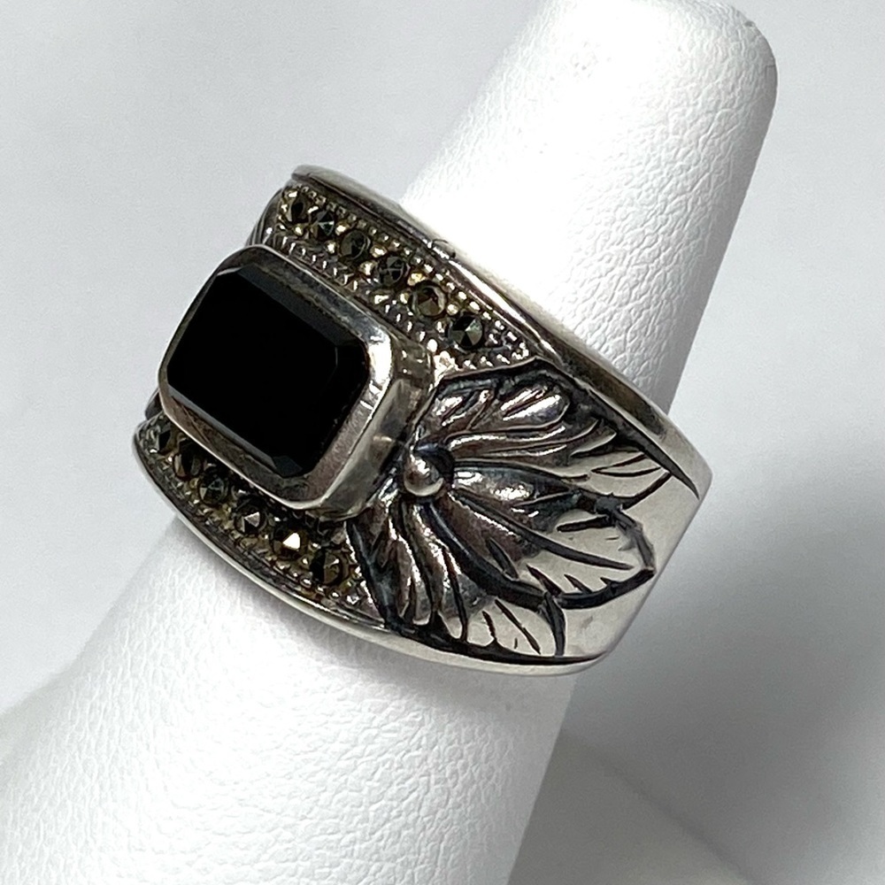 925 NF Thailand Black Onyx Marcasites Vintage Ring Unisex Chunky 7 9.94g
